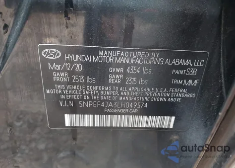 2020 Hyundai Sonata Sel из США, поврежденный, VIN 5NPEF4JA3LH049574